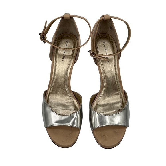 Tahari Silver Biscuit Leather GEA Heeled Open Toe Sandals Size 6 1/2 Women's - Picture 5 of 11